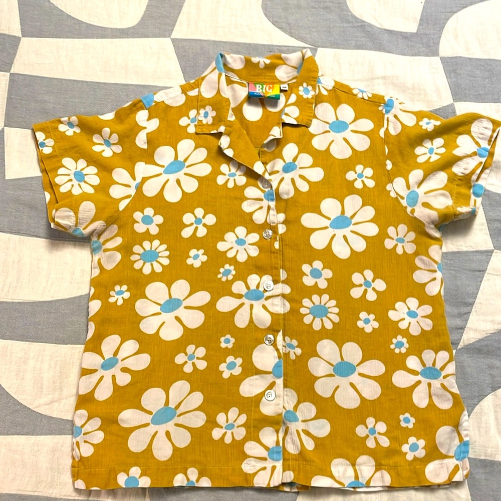 Big Bud Press lazy Daisy pantry button up in mustard, blue, sz medium